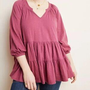 Maeve Anthropologie Pink Blouse Tiered Babydoll 3/4 Sleeve Shirt Top Petite XS